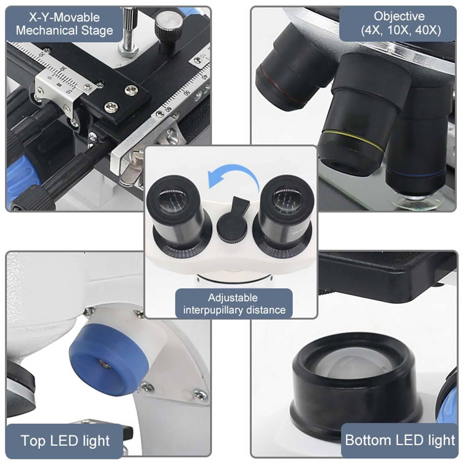 Microscopio Compuesto De 2 Piezas, Microscopio De Laboratorio Profesional 40x-1000x, Oculares Wf10x Y Wf25x, IluminacióN Led Dual Y Platina MecáNica De Dos Capas, Microscopio Para Adultos,White