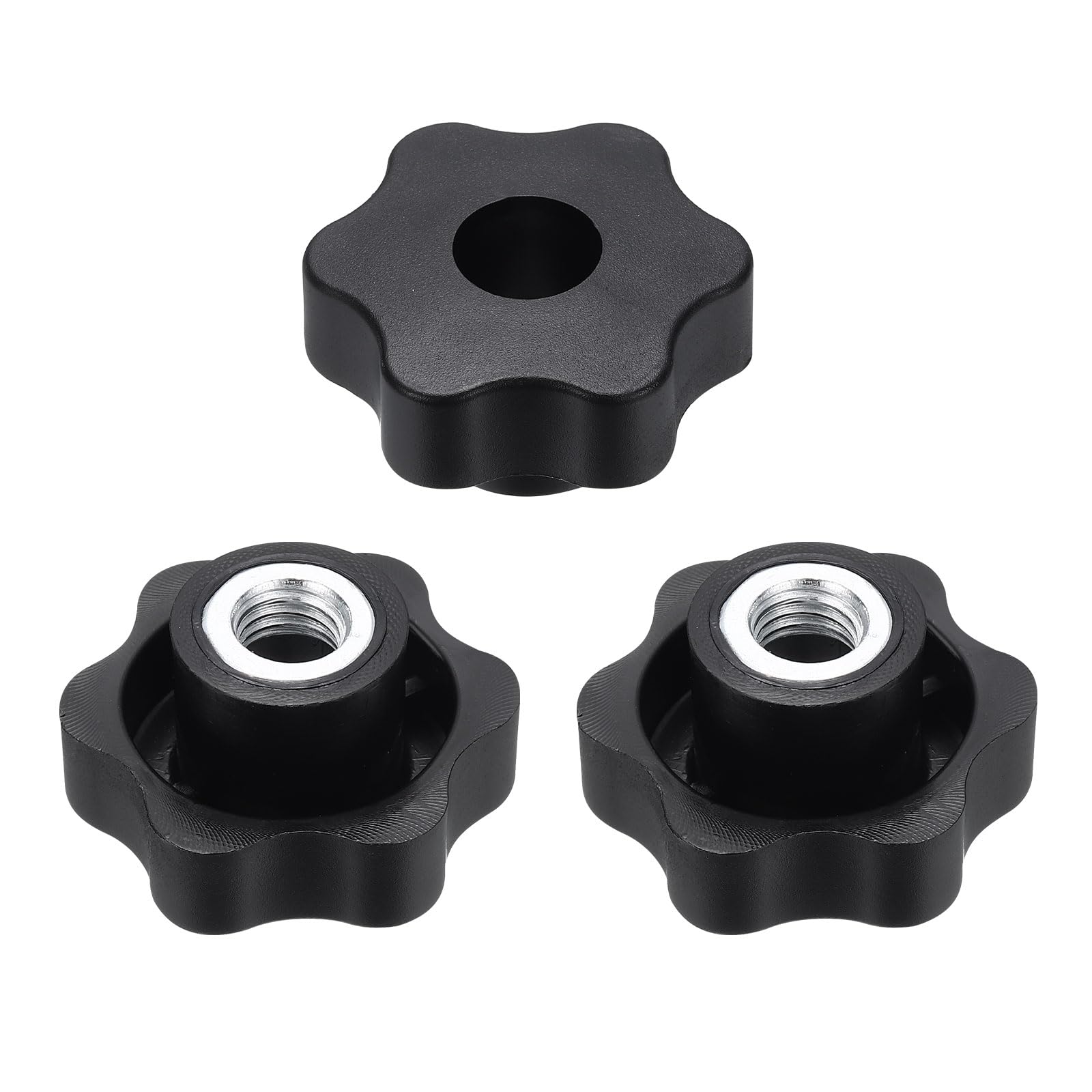 sourcing map 3pcs Star Knobs M12 Female Thread 48mm 6-Point Plastic Head Iron Insert Through Hole Screw-in Threaded Knob Hand Tightening Clamping Handles, Black — image 1