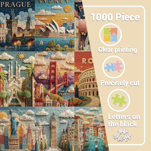Puzzles de monumentos mundiales para adultos de 1000 piezas. Rompecabezas en estilo fieltro de paisaje. Rompecabezas de arte con vistas desafiantes de Nueva York, Londres y París miniatura 4