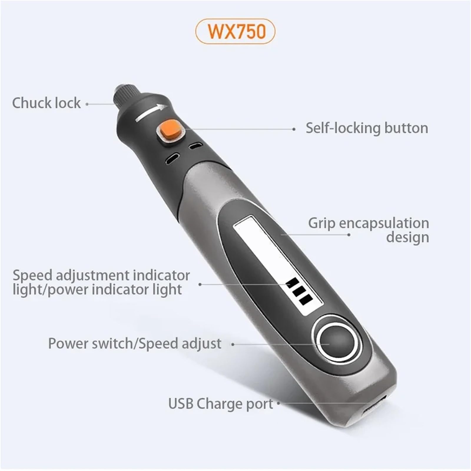 Elektryczna szlifierka kątowa, 8V RotaryCordless Mini Wiertarka Grawerowanie Szlifowanie Polerka Ładowarka USB Zmienna Prędkość Elektronarzędzia Bity(WX750)