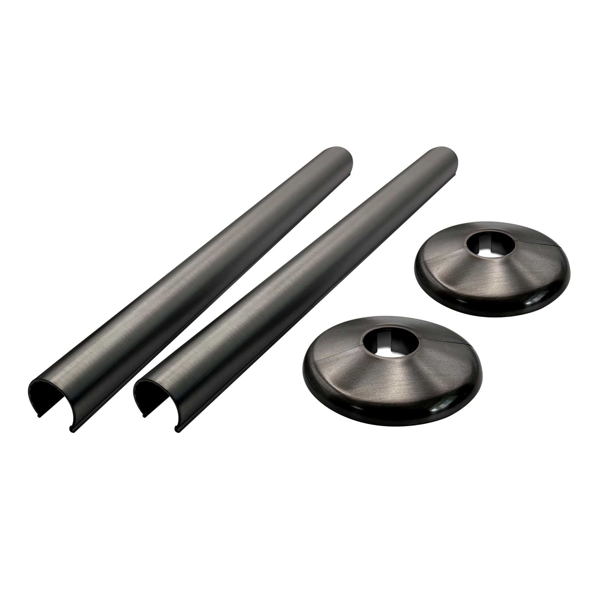 200mm Brushed Gunmetal Retro Fit Snap On Plastic/Alloy Radiator Sleeve Cover & Collar Sets Pair for 15mm Pipe