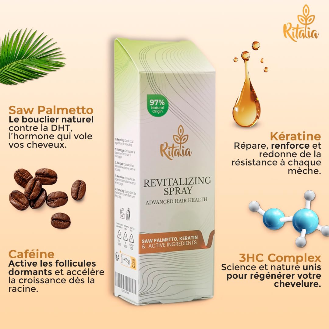 Ritalia | Spray pousse cheveux, lotion 100ml, beige | Saw Palmetto, caféine, kératine, 97% naturel | Renforce, épaissit, favorise la croissance cheveux femme homme