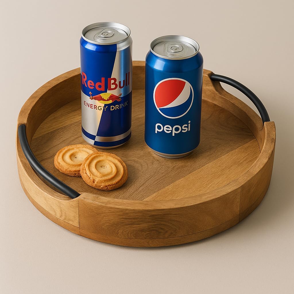 Craft Expertise Round Wooden Serving Tray - 10x10 Inch Brown Mango Wood Platter with Handles - Rustic Decorative Tray for Coffee Table, Kitchen, Dining, Breakfast & Charcuterie - Handmade Natural Wood 1