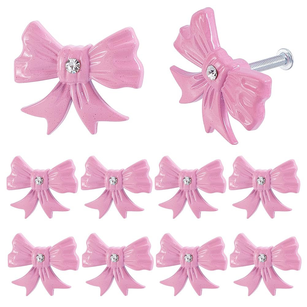 WADORN 10Pcs Pink Bow Drawer Knobs, Alloy Metal Bow Knobs Coquette Dresser Handles with Rhinestones Vintage Dresser Handles with Screw for Home Bedroom Kitchen Hardware Cupboard Desk Wardrobe