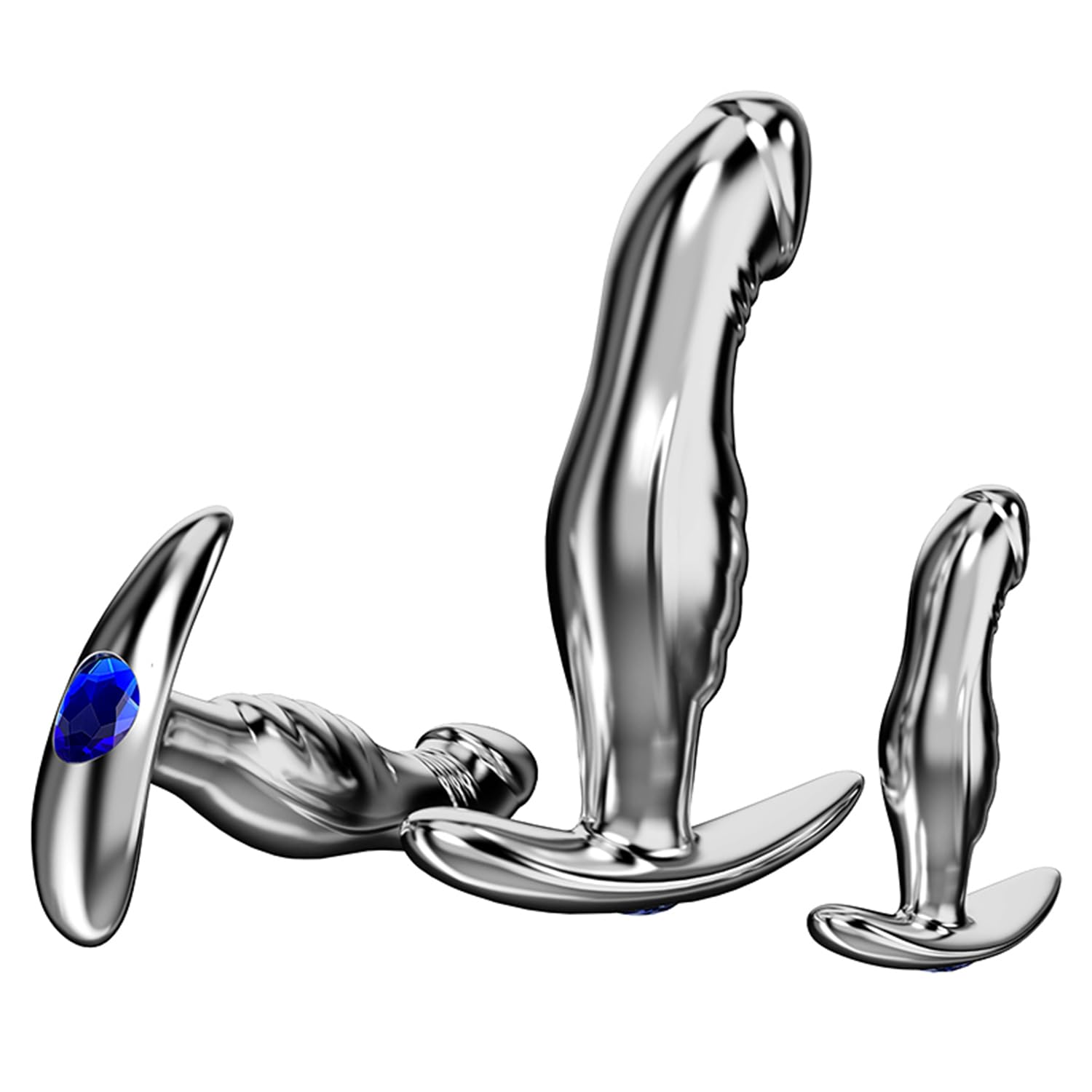 4 Styles Stainless Steel Dildo Shape Butt Plug with Blue T Base, Metal Curved Anal Plugs Adult Sex Toy for Man Women - SML