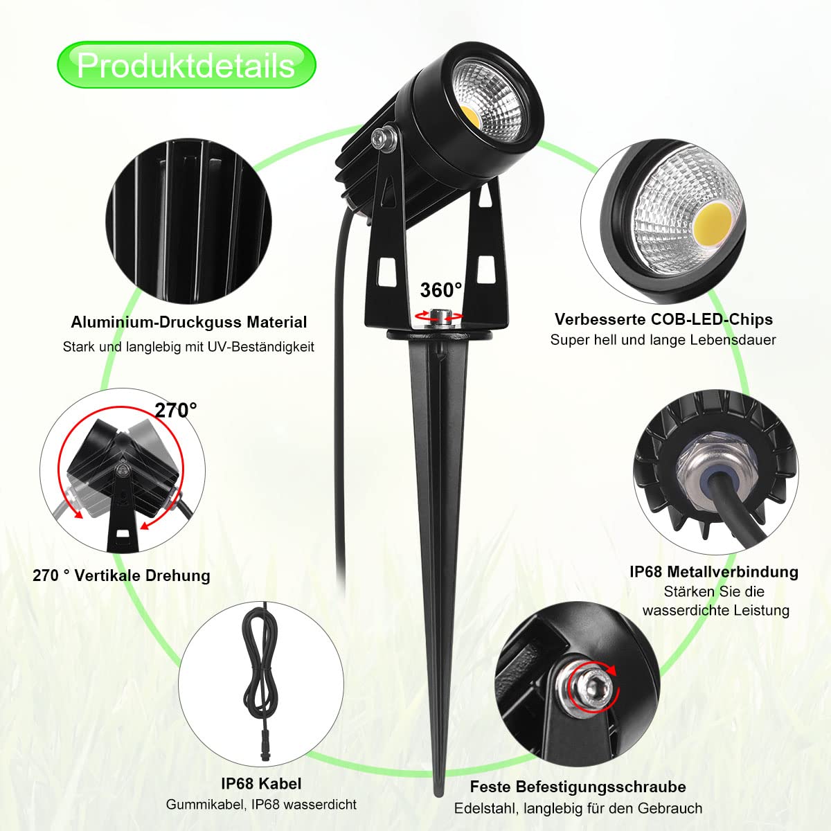 8er-Set Gartenstrahler LED Warmweiß, 3W Gartenleuchte Garten Beleuchtung mit Stecker, Schwenkbar Außen-Strahler Aussenbeleuchtung Erdspieß IP65 Wasserdicht für Baum, Pflanzen, Teich