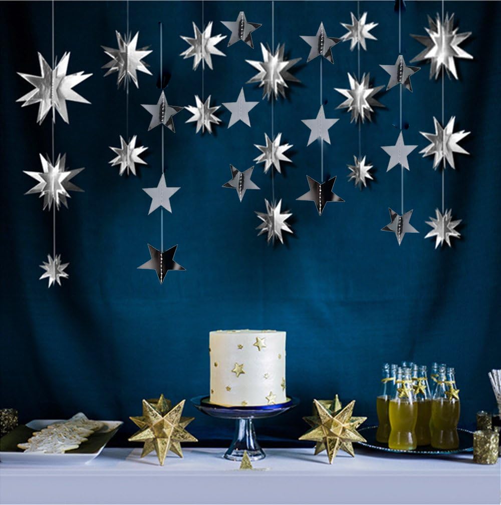 Silver Party Decorations Star Garlands Streamer 3D Stars Metallic Paper Hanging Bunting Banner for Birthday Wedding Baby Bridal Shower