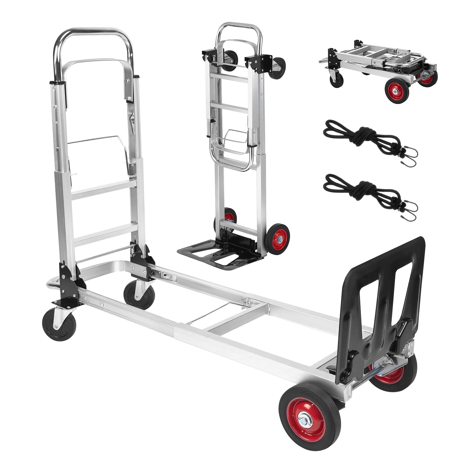 Carretilla de mano plegable de aluminio 3 en 1, capacidad de 400 libras, carrito plegable resistente con mango retráctil y 4 ruedas de goma, 2 correas de seguridad, plataforma móvil para mudanzas de