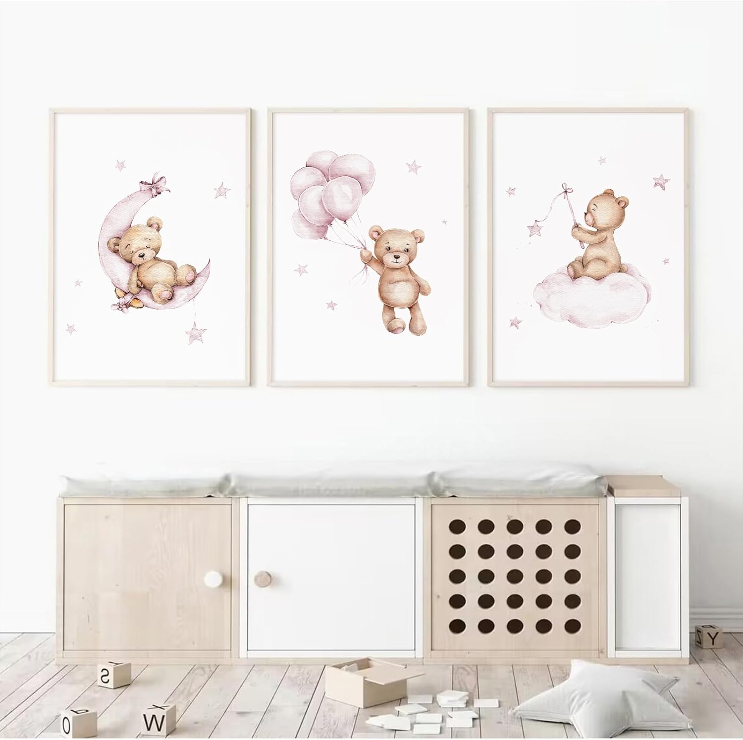Bear Nursery Wall Art Decor Set of 3 Teddy Bear Canvas Wall Art Baby Boy Nursery Decor Prints Neutral Pictures Moon Star Cloud Print for Girls Children Room 16x24 Inch FRAMED