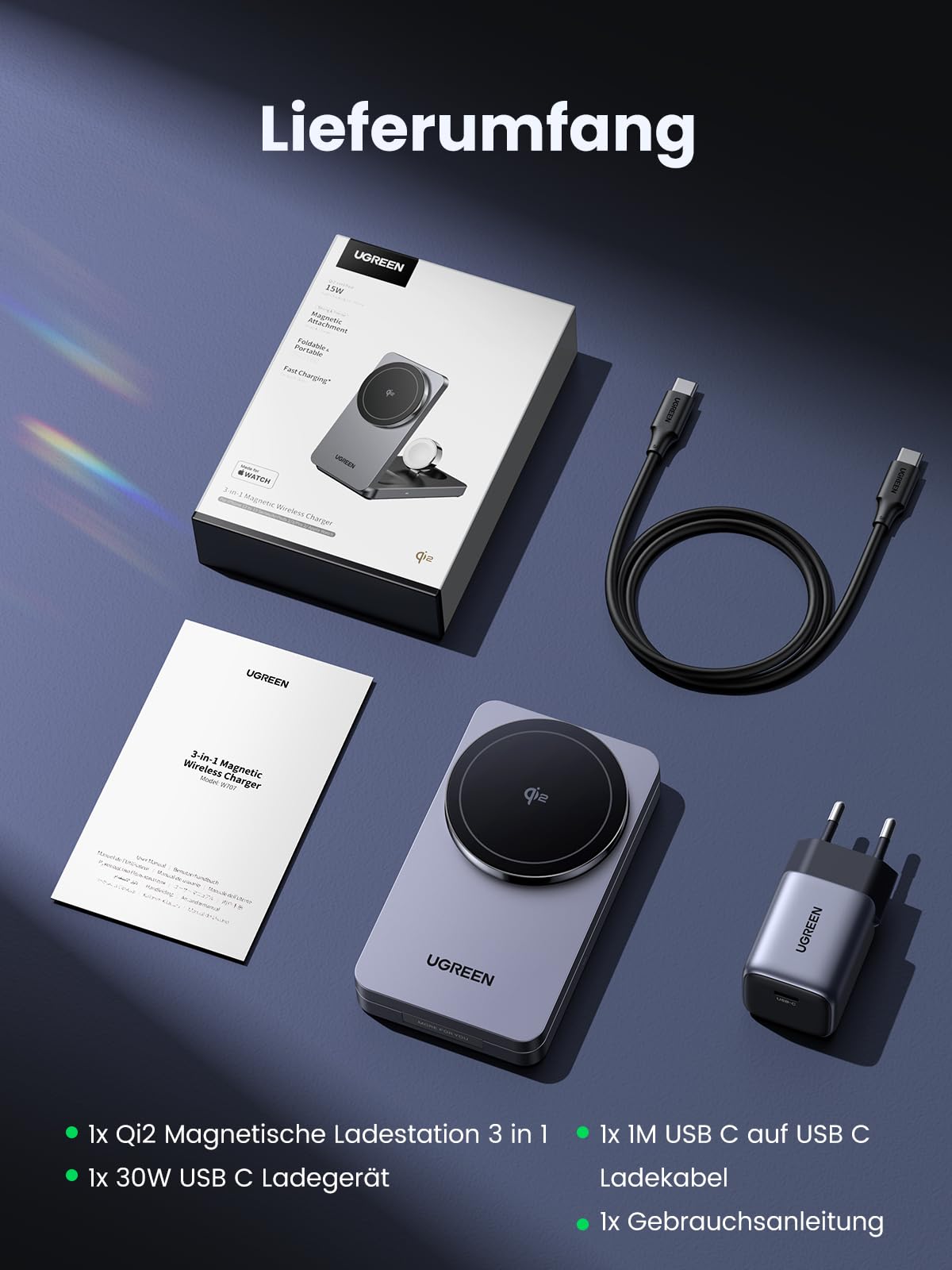UGREEN MagFlow Qi2 15W 3-in-1 Faltbare Ladestation mit Magsafe | zertifiziert, kompatibel mit iPhone 17-12, AirPods, smartwatch, faltbare magnetische Ständer mit 30W Ladegerät und Kabel