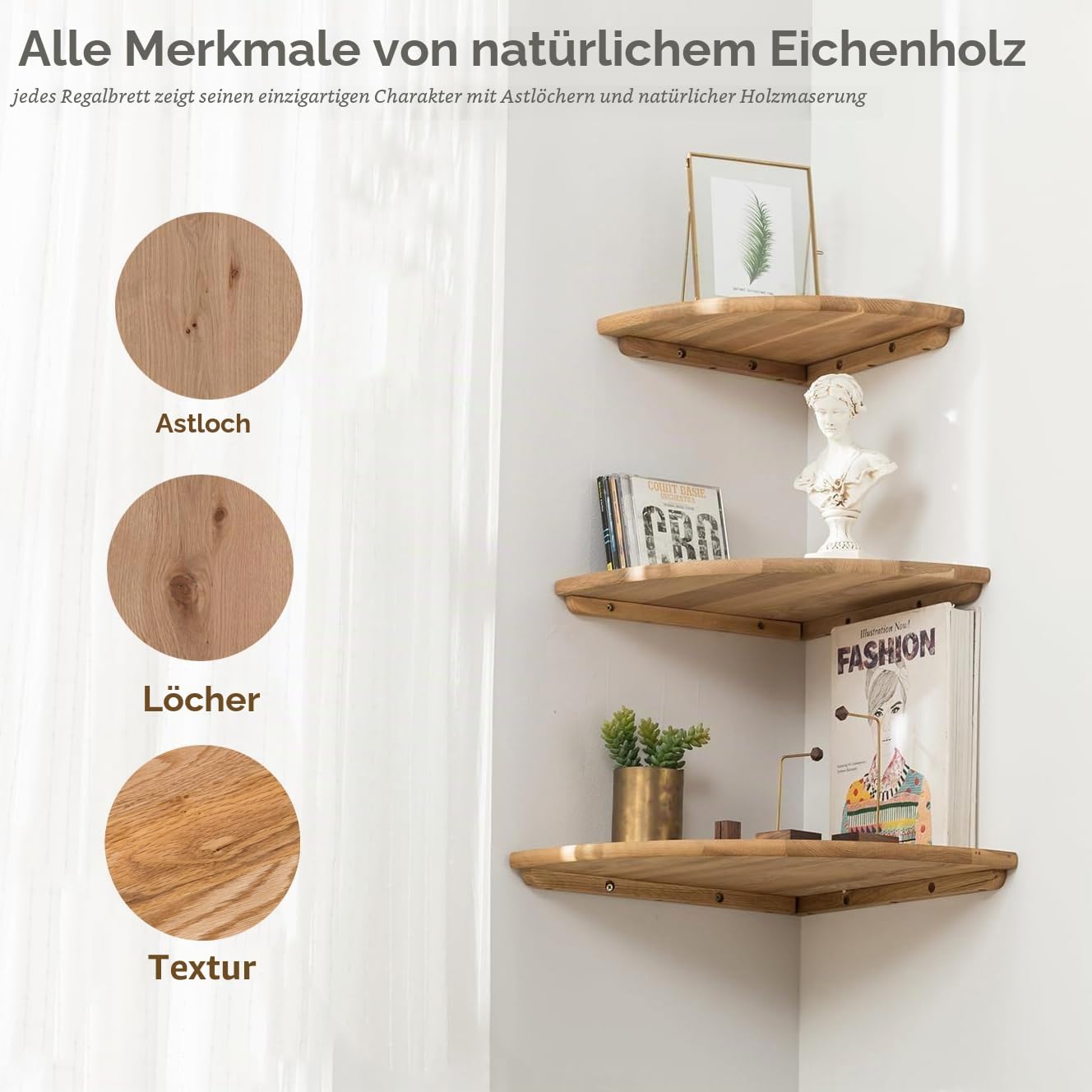 Gieanoo Eckregal Hängeregal, Eiche Massivholz Eckregal runde Enden Wandregal Holz Vintage Landhausstil Regal für Schlafzimmer Wohnzimmer Radius 30cm