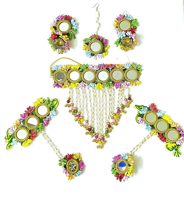 RKG HANDICRAFTS Womens Artificial Flower Mirror Jewellery Set For Bride Haldi Mehandi Wedding & other Function (Multicolour) (B0D7Q1P1YQ) Amazon Price History, Amazon Price Tracker