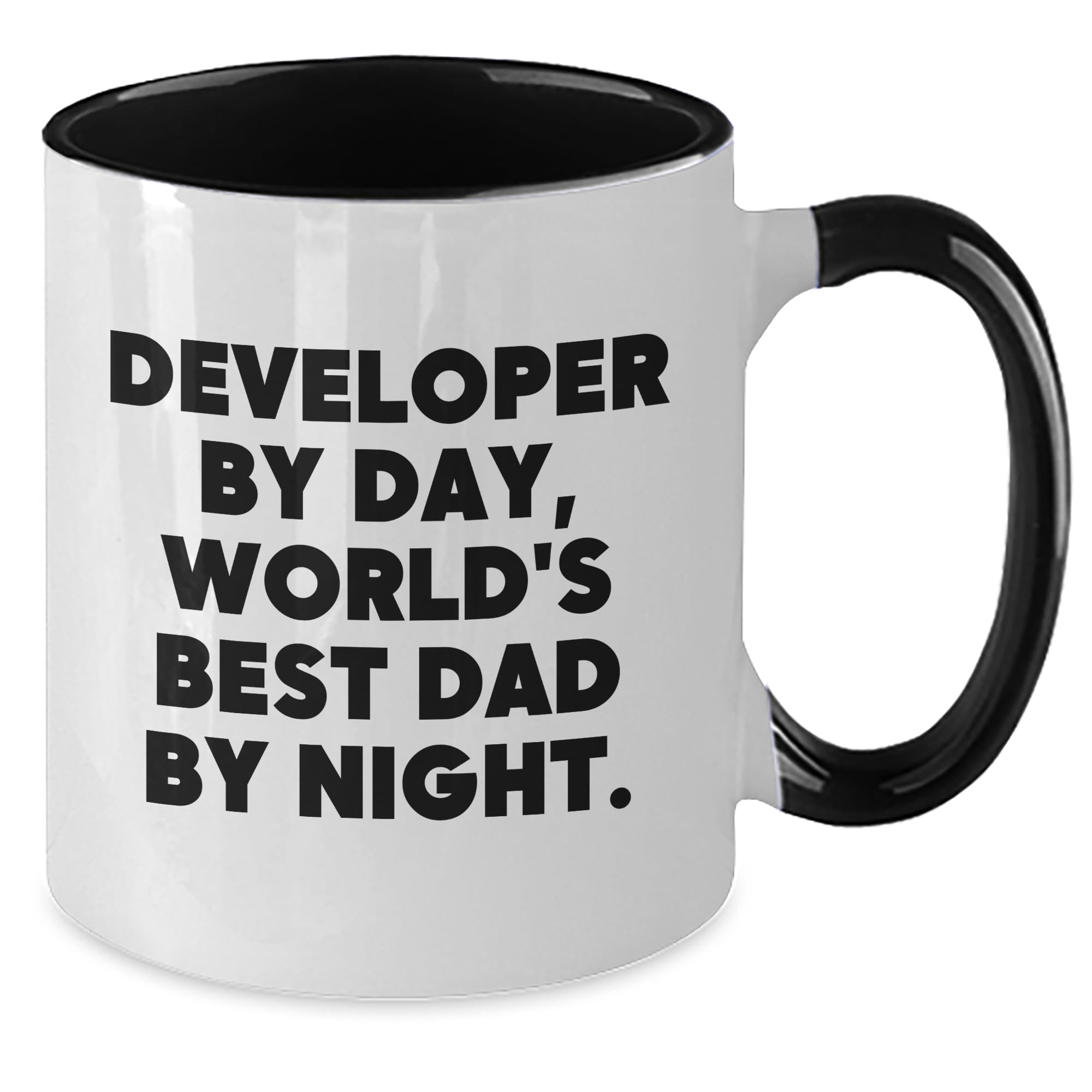 Developer By Day, World's Best Dad By Night. Funny Two Tone Coffee Mug, Gifts from Dad to Developer, Birthday Unique Gifts for Developer