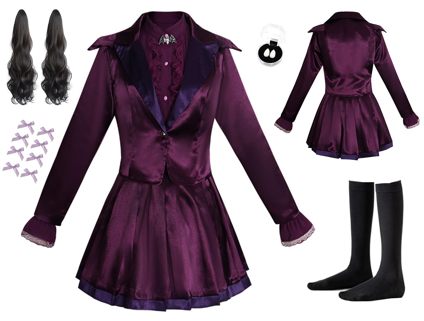 Cnulaueu Womens Teenage Vampire Cosplay Costume Halloween Outfit Zombies Purple Jacket Skirt Gothic Steampunk Suit (Purple with Wig, X-Large)