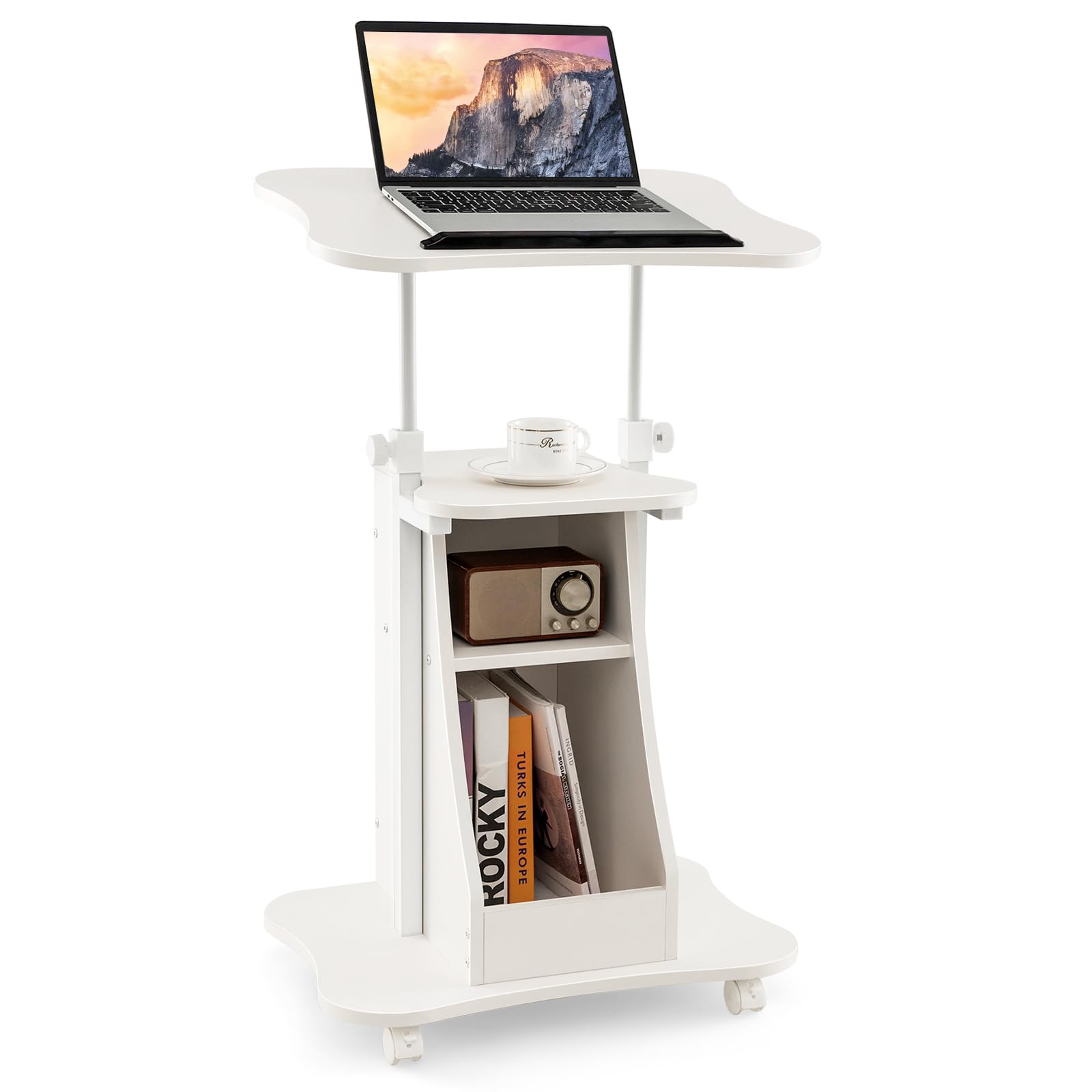 Tangkula Mobile Lectern Podium, Height Adjustable Podium Stand, Standing Sit-to-Stand Desk, Rolling Cart Laptop Desk with Swivel Top Movable Wheels & Storage