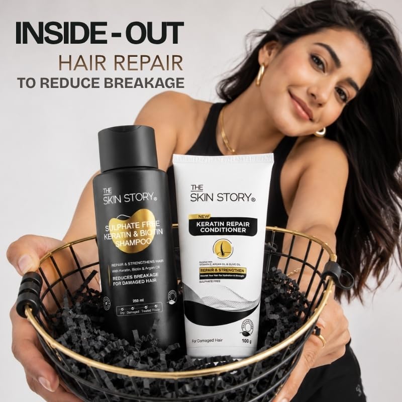 Image of The Skin Story Sulphate Free Keratin Shampoo & Conditioner Set | Shine & Frizz-Free Hair Care | Deep Cleansing & Damage Repair with Argan, Macadamia & Vitamin E | Sulfate-Free Hair Care for Dry, Frizzy & Treated Hair | Shampoo 250ml & Conditioner 100gm