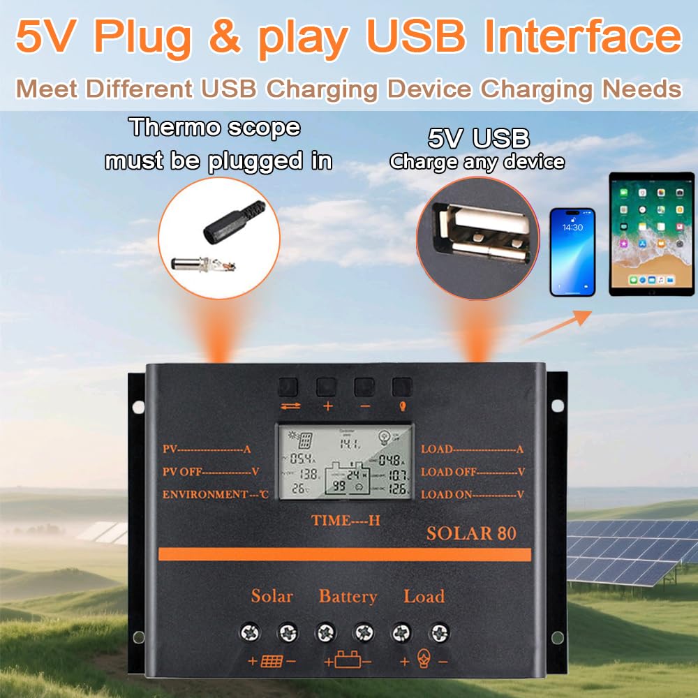 Regolatore di carica solare 80A, Regolatore di carica batteria Auto 960W / 1920W 12V / 24V con display LCD Caricatore di alimentazione mobile 5 V USB Dissipatore di calore potenziato (80A)