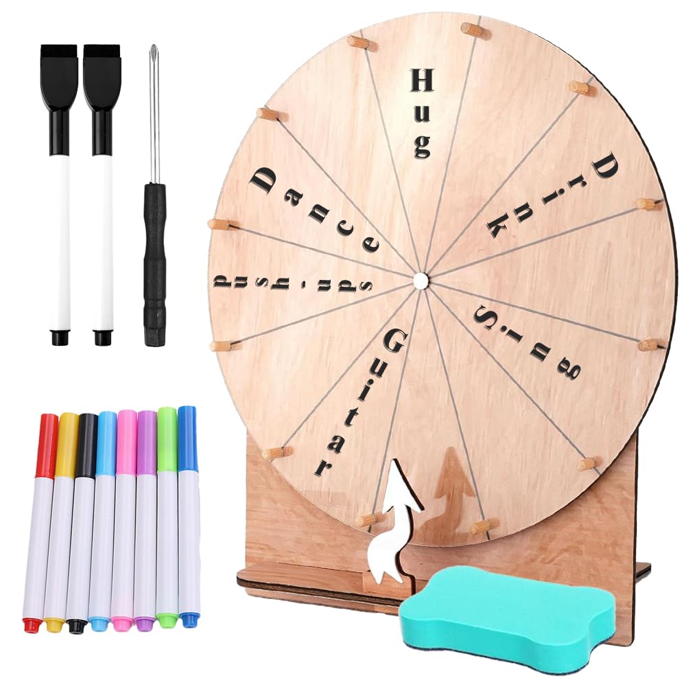 Roue de la fortune à faire pivoter, 30 cm, grande roue porte-bonheur, 12 inscriptions, avec gomme et 10 marqueurs, roue porte-bonheur à personnaliser, roue de la fortune pour jeux de mots, fête