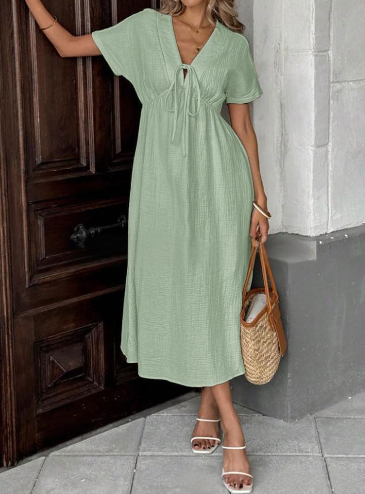 chouyatou Women's Summer Boho V-Neck Cotton Tunic Dress Casual Loose Short Sleeve Midi Long Beach Dress - Image 3