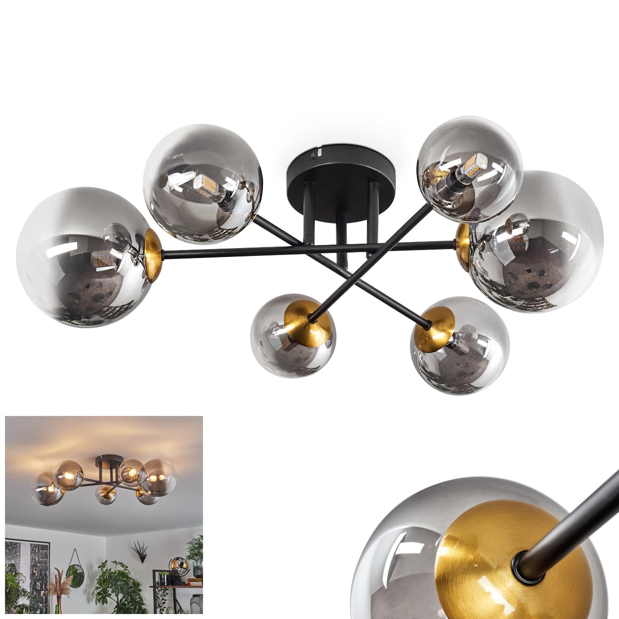 Hofstein Black Chehalis Ceiling Light, Ceiling Lamp Made Of Metal/Glass In /Gold/Amber/Smoke Colour/Clear, Luminaire In Modern Retro/Vintage Design With Glass Shades (Ø 10, 12, 15Cm), 6 X G9, Without Bulbs