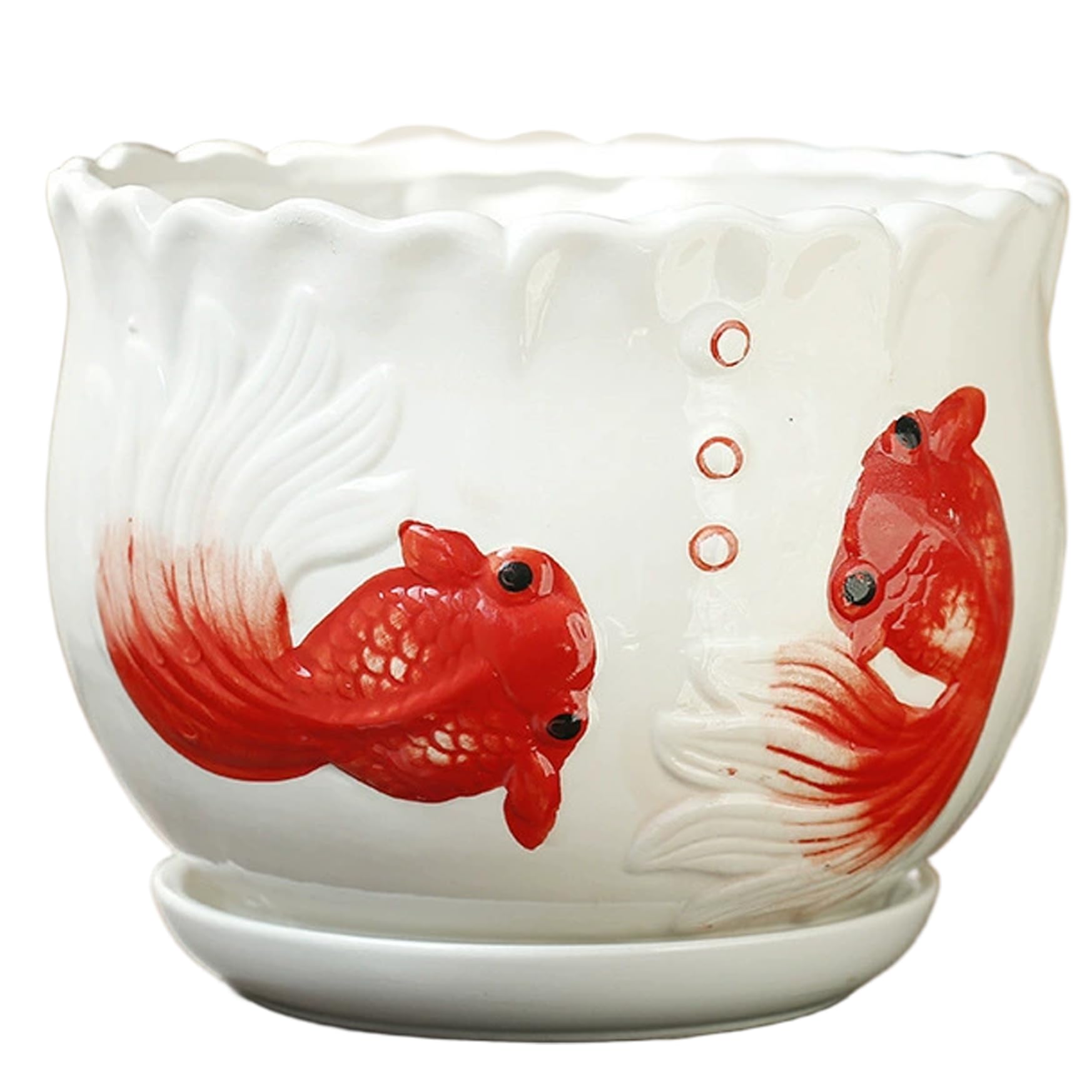 CAKEEYUM Ceramic Planter 5.3in Vivid Fish Print Plant Pot with Drainage & Saucer Lifeful Flower Pot for Indoor & Outdoor Ceramic Planter, Pots for Plants, Plant Pots, with Draina