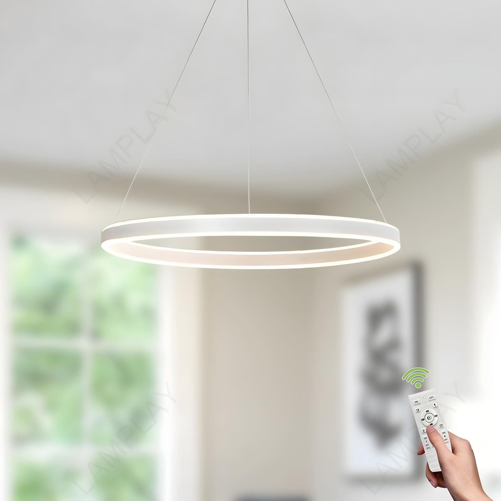 Runde Moderne LED-Pendelleuchte, 1 Weiß Ring-Kronleuchter, Dimmbar Mit Fernbedienung 3000K-6000K Deckenleuchte, Höhenverstellbar, Foyer, Wohnzimmer, Schlafzimmer, Esszimmer(Ø40cm)