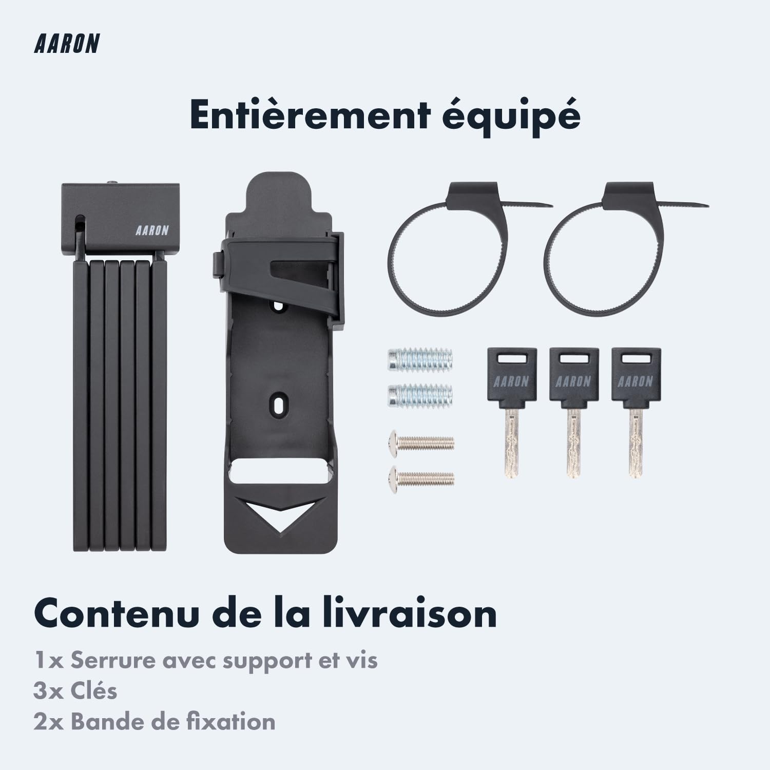 AARON Shield Antivol de vélo – Antivol pliable sécurisé niveau 14 – Support et clé inclus pour vélo électrique, de route, moto, VTT en noir