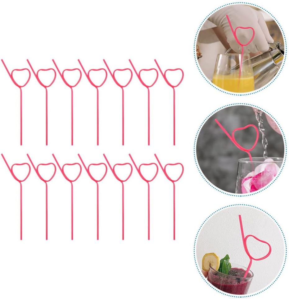 25Pcs Cocktail Plastic Straws Heart Shape Reusable Drinking Straws Long Flexible Straws for Shower Birthday Party Supplies Rosy