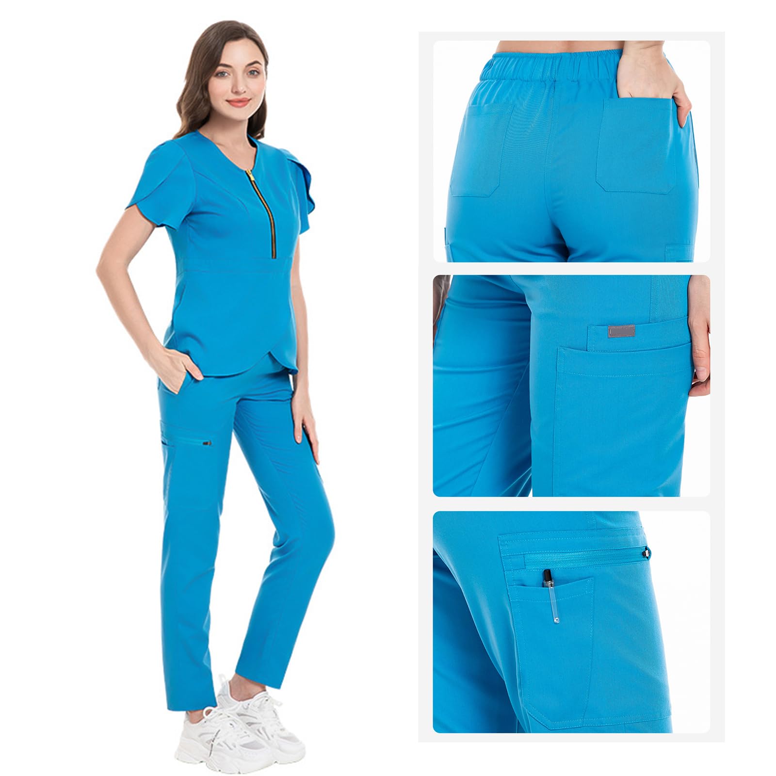 Uniforme Unisex Infermieri, Uniforme Sanitaria Donna Colletto Rialzato Abbigliamento Medico Scollo a V con Tasca Adatto a Medici e Infermieri