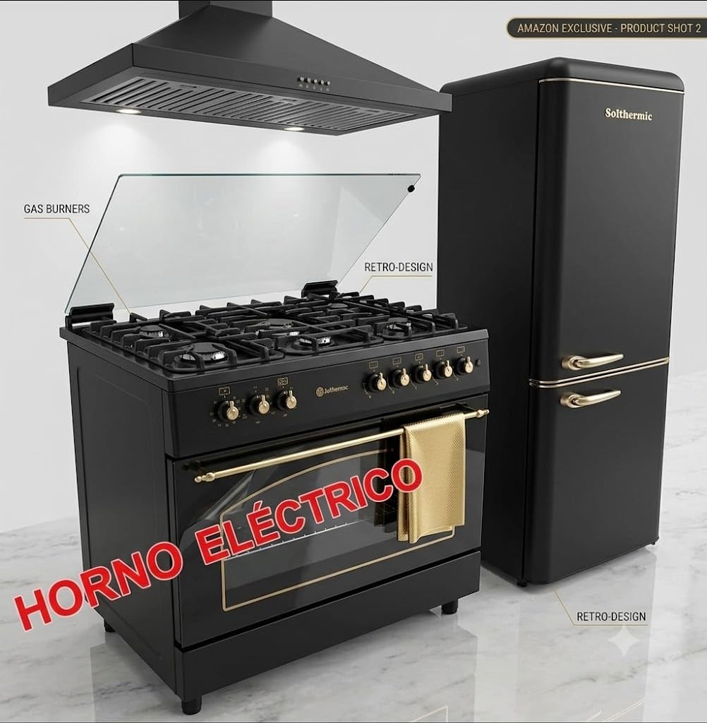 SOLTHERMIC 3 EN 1 COCINA DE GAS F9L50E5R HORNO PANORAMICO ELECTRICO (115) + CAMPANA H90PR DECORATIVA 90 CM + FCR188N 1,88 CM alto x 55 de ancho y hasta 270L