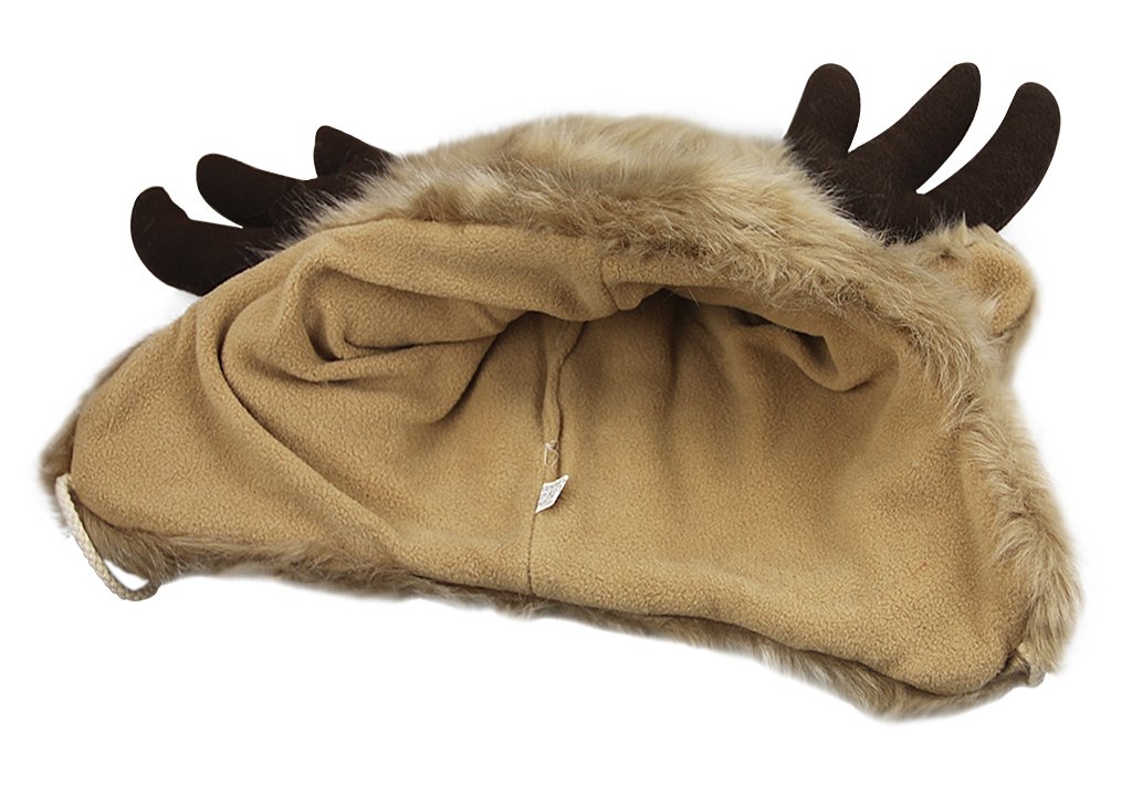 YJZQ Bonnet unisexe Bonnet animal Chaud Chapeau tête de Renne et Corne du Veau Cagoule en Peluche Casquette Fausse Fourrure pour Adult Grand Enfants Cadeau Noël Aniverssaire Fête