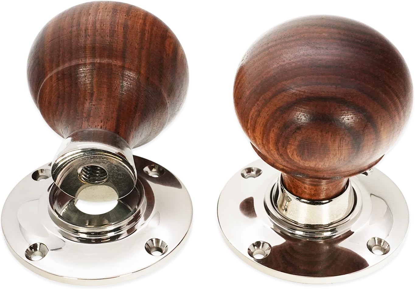 Infinity Decor Victorian Rosewood Bun Wooden Mortice Rim Door Knobs Pull Handles on Polished Nickel Rose 60mm – Ideal for Interior & Exterior