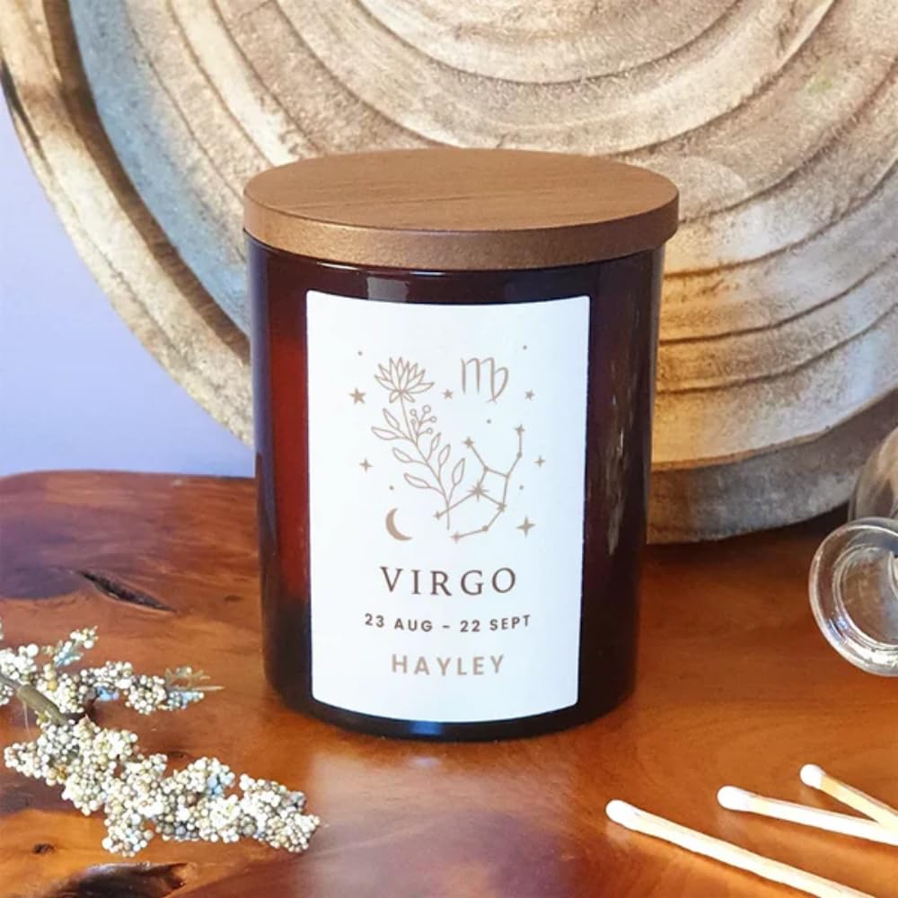 Custom Wicks Unisex Amber Virgo Custom Zodiac Candle – Personalised Birthday Gift For Her Or Him – Scented Astrology Candle – Virgo Star Sign Present – Custom Wicks™
