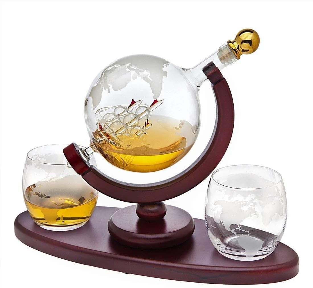 Globe Decanter Set with 2 Etched Globe Glasses in Gift Box - for Liquor, Whiskey, Brandy, Gin, Rum, Tequila, Vodka, and Brandy - Home Bar Accessories for Men and Women, Whiskey Globe Decanter - 850ml