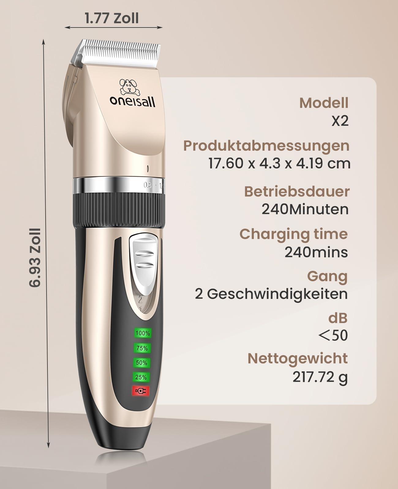 oneisall 4-in-1 & Leise Tierhaarschneidemaschine Set, IPX7 Wasserdicht 2000mAh Wiederaufladbar Schermaschine für Katzen Hunde mit dichtem Fell/Langhaar, Pfotentrimmer & Haarschneidemaschine Profi