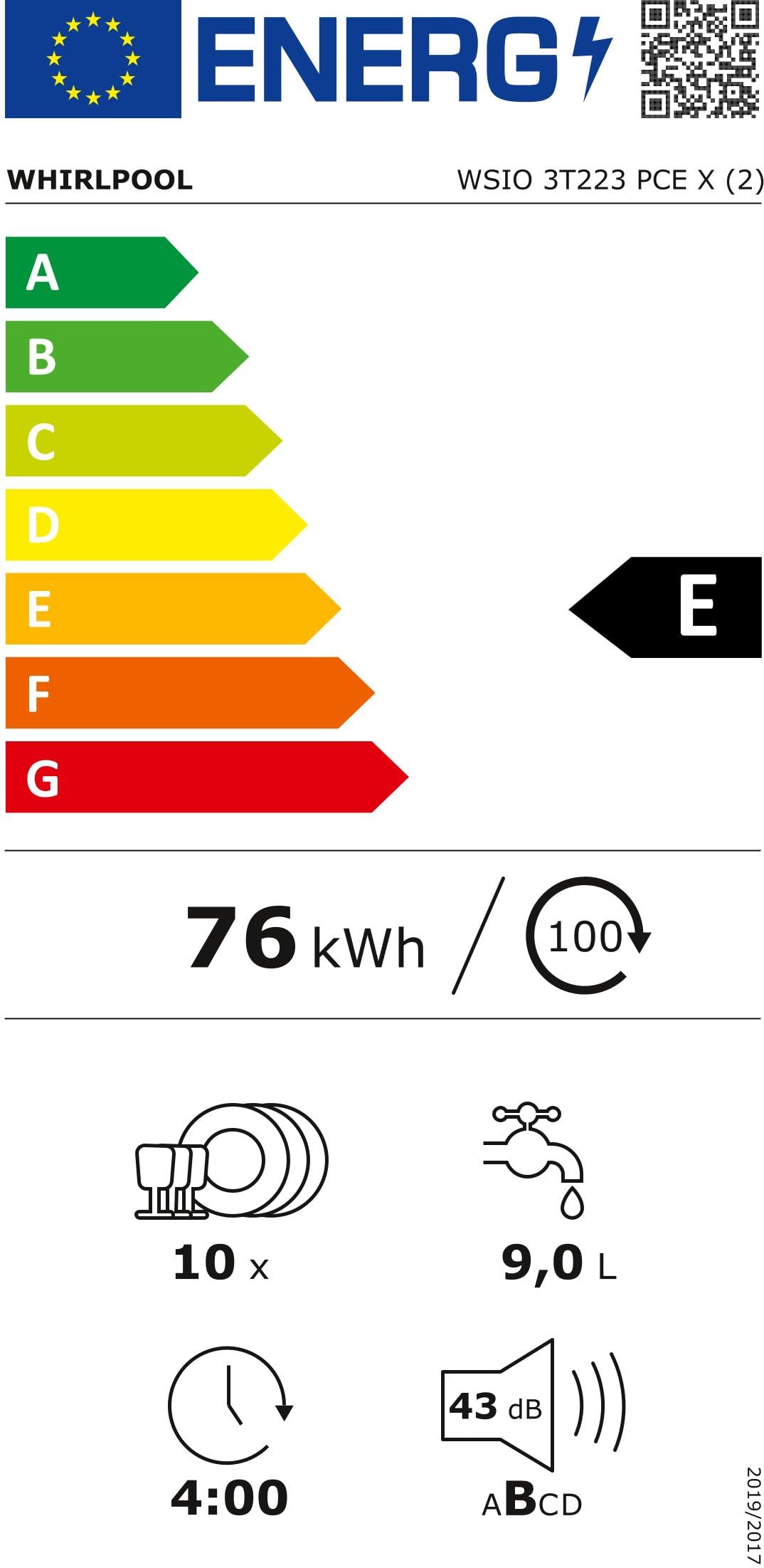 Whirlpool WSIO 3T223 PCE X lave-vaisselle Entièrement intégré 10 places A++ - Lave-vaisselles (Entièrement intégré, Compact (45 cm), Acier inoxydable, Boutons, 1,3 m, 1,55 m)