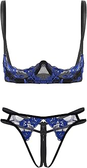 Kaerm Woman's See Through Sheer Lace Lingerie Set 1/4 Cups Underwired Push Up Bra Top with G-String Briefs