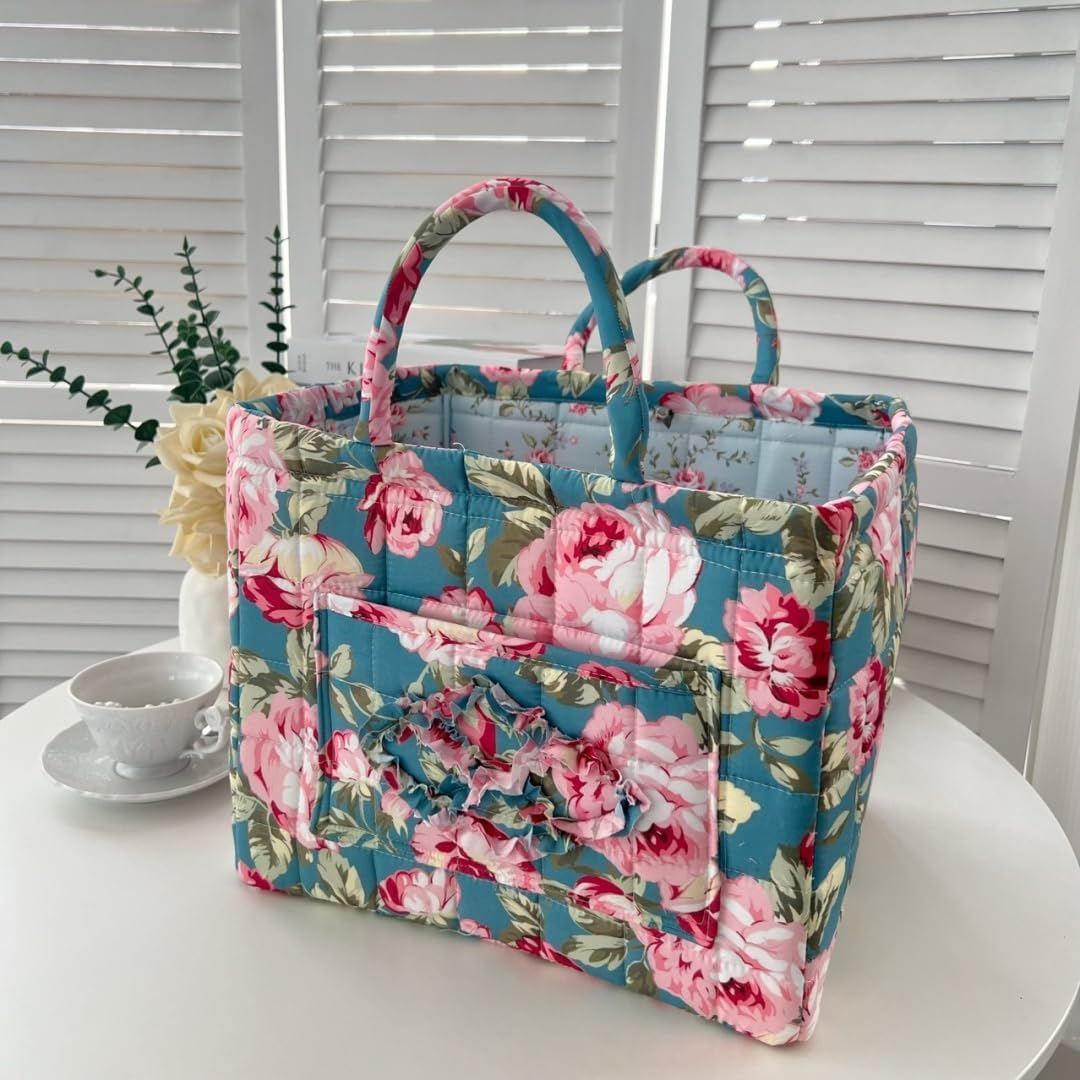 Boho Quilted Fabric Storage Basket with Handles, Foldable Floral Organizer Bin for Home, Travel, Picnic, Shopping, Laundry, 12.6"x10.6"x10.6" (1888)