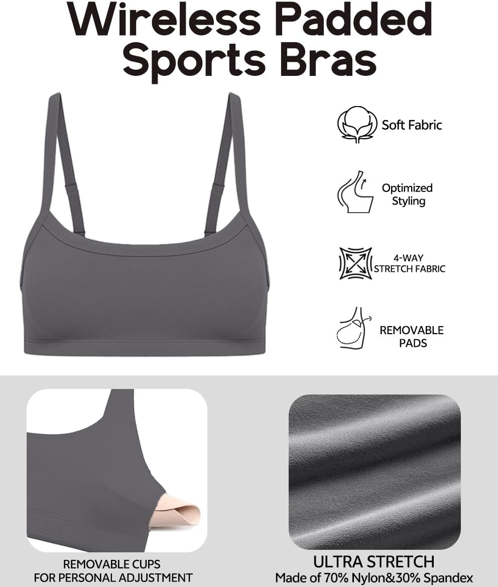 Olmlmt Wireless Padded Sports Bras for Women Adjustable Strap Square Neck Yoga Athletic Workout Crop Top
