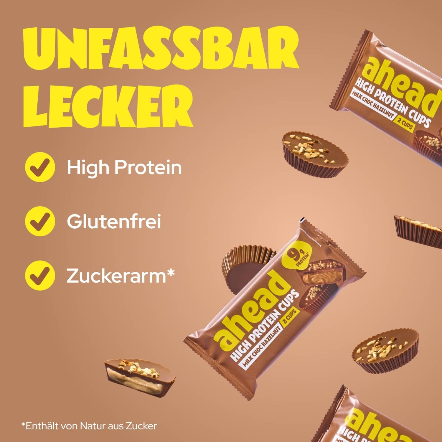 ahead High Protein Hazelnut Butter Cups | 9,4g Protein pro Pack | Milchschokolade & Haselnuss | 12 x 34g | Ohne Zuckerzusatz | Ohne Palmöl | Glutenfrei