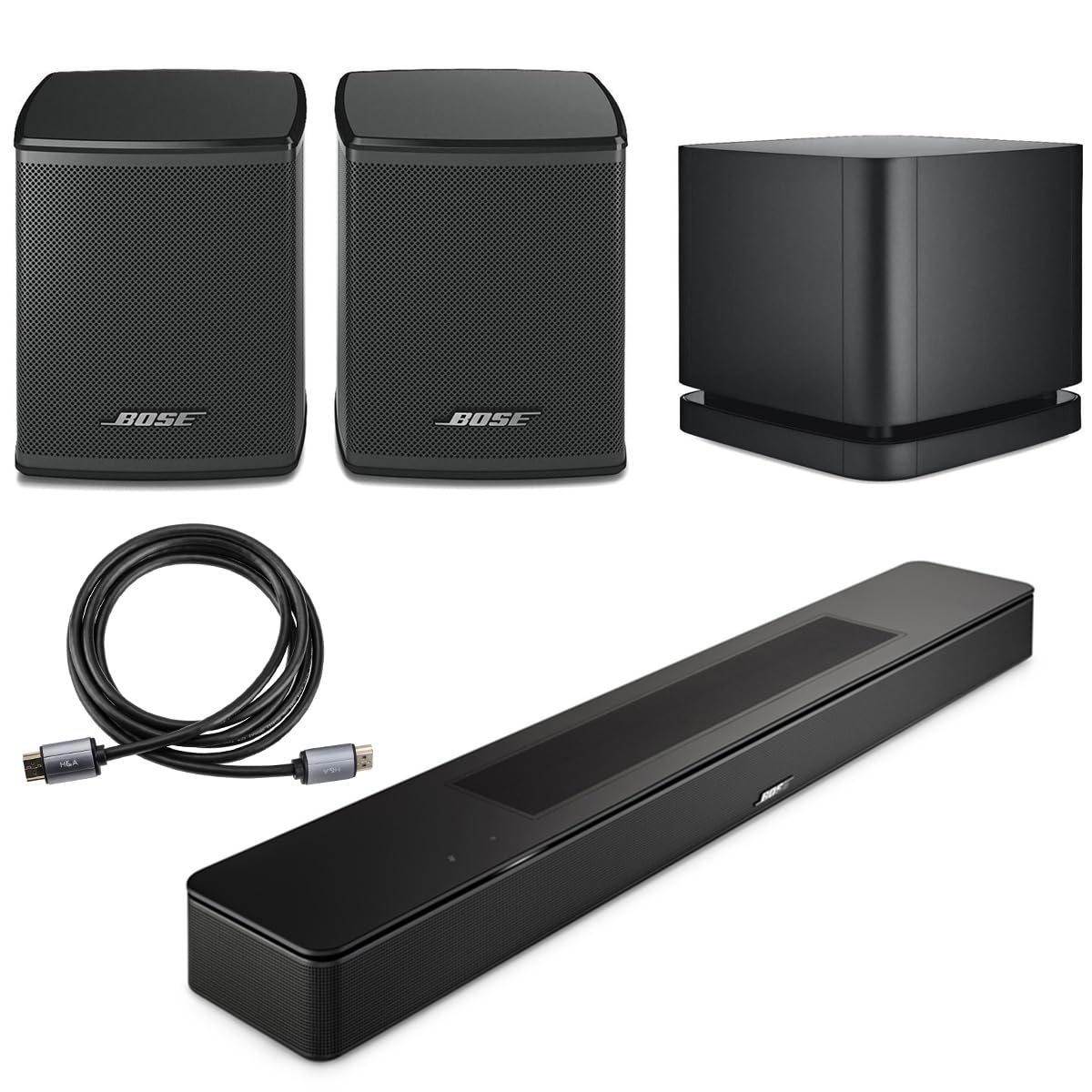 Bose Smart Soundbar, Black, Bundle with 2X Wireless Surround Speakers, Bass Module 500, 6' HDMI 2.0 Cable