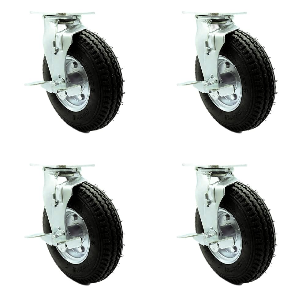 8 Inch Swivel Pneumatic Casters Set of 4 - Black Rubber Wheels - Includes 4 Swivel with Top Lock Brakes - Heavy Duty Casters - 1,200 lbs. Total Capacity - Service Caster Brand