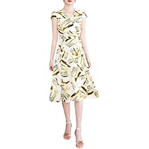 Womens V-Neck Fashion Waist line Chiffon Print Short-Sleeved Dress