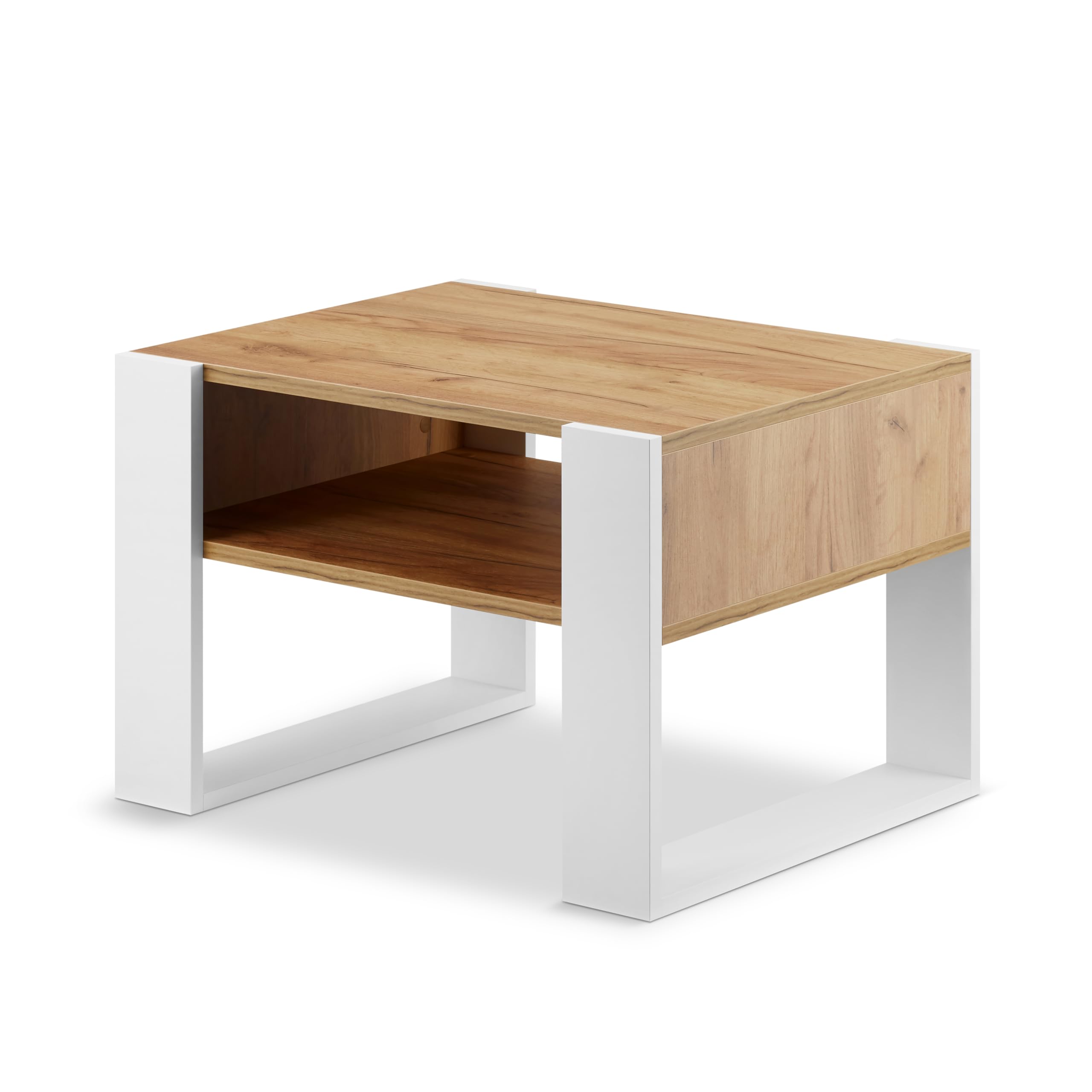 defiPad Mesa de centro moderna, roble, 65 cm de ancho, mesa de café maciza y estable, mesa de sofá, color blanco + roble