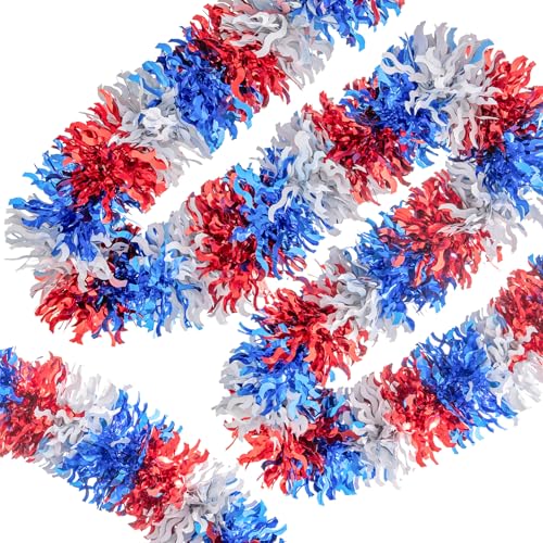 Image of 33FT 4th of July Patriotic Tinsel Garland Red White Blue Glitter Metallic Twist Foil Tinsel Garland for Independence Day Memorial Day Party Door Tree Indoor Outdoor Decoration