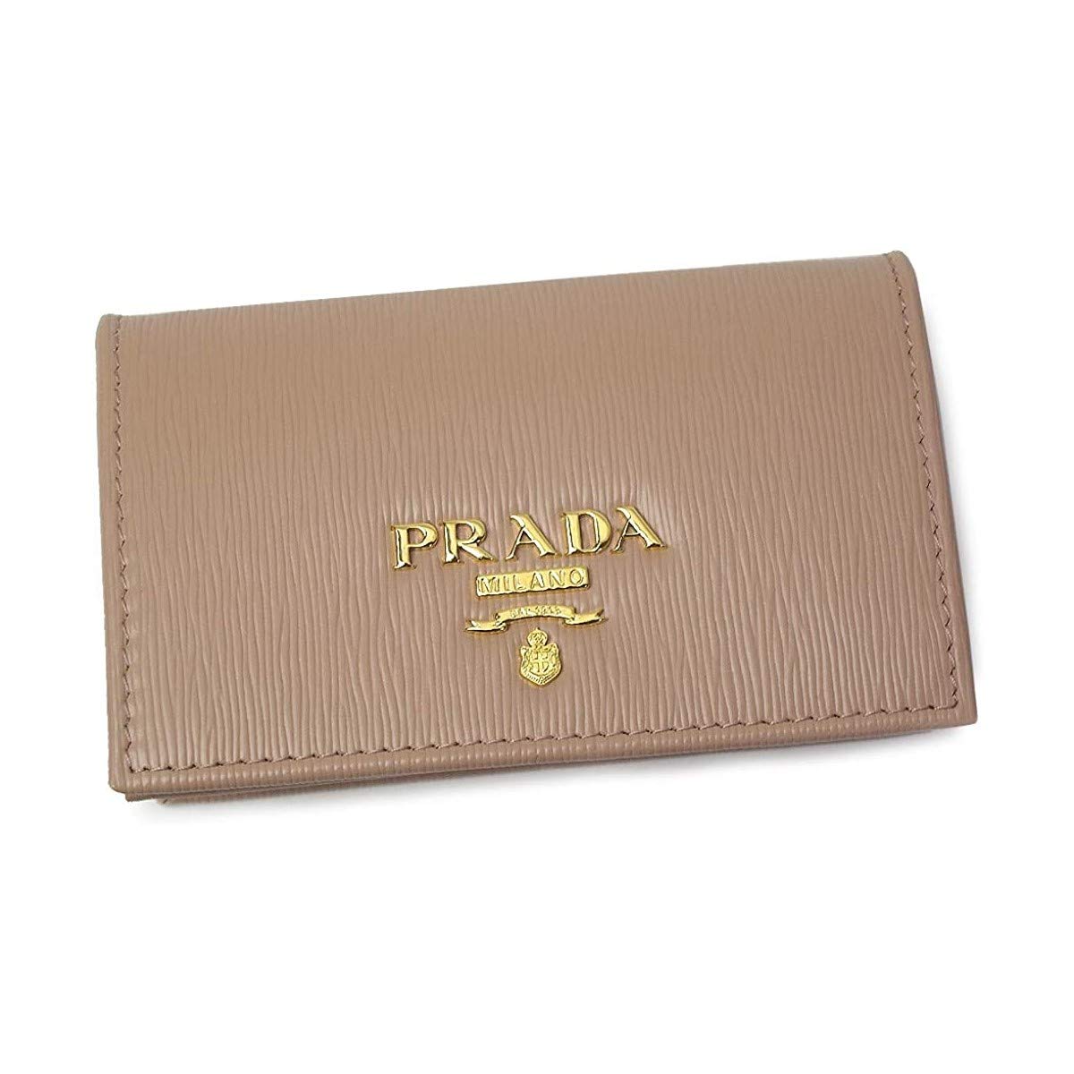 Prada Vitello Move Cipria Beige Textured Leather Mini Cardholder Wallet Gold Logo Snap Closure Slim Compact Design 4