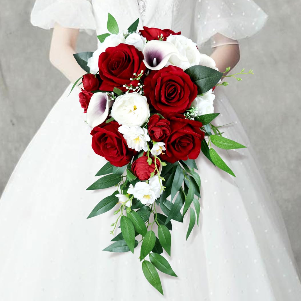Hochzeit Blumenstrauß für Braut,Wasser Tropfen Wasserfall Brautstrauß künstliche Blumen halten Blumen für Zeremonie Jahrestag Hochzeit Dekoration (Weißwein Rot)