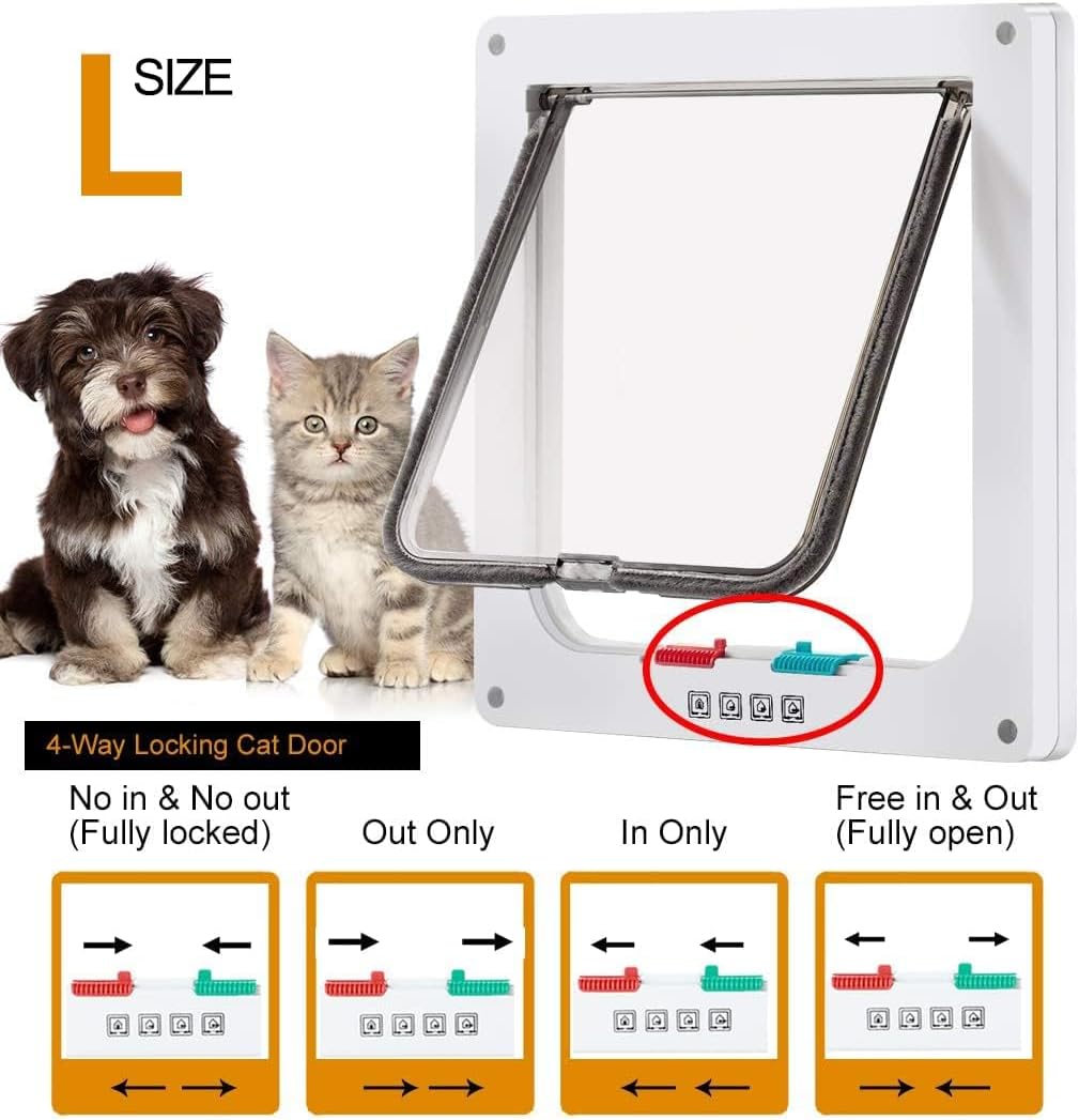 Lifepul Cat Flap 4 Ways Locking Cat Door (Large Size 9.8" X 9.0"), Pet Door Kit for Cats and Small Dogs with Telescopic Frame, Installing Easily