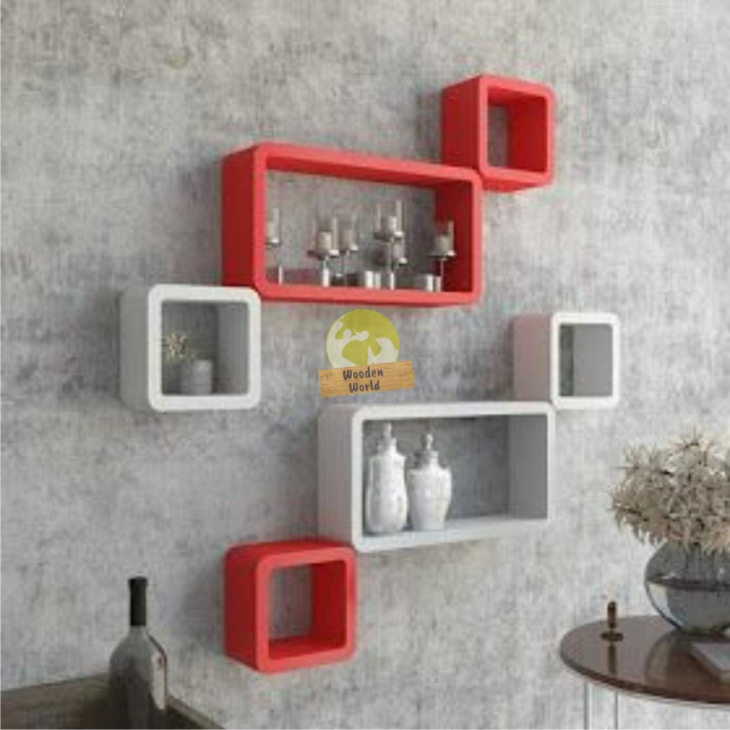 Wooden World Cube Floating, Wall Shelf, for Living Room,Drawing Room. Set of 6 (Red & White)