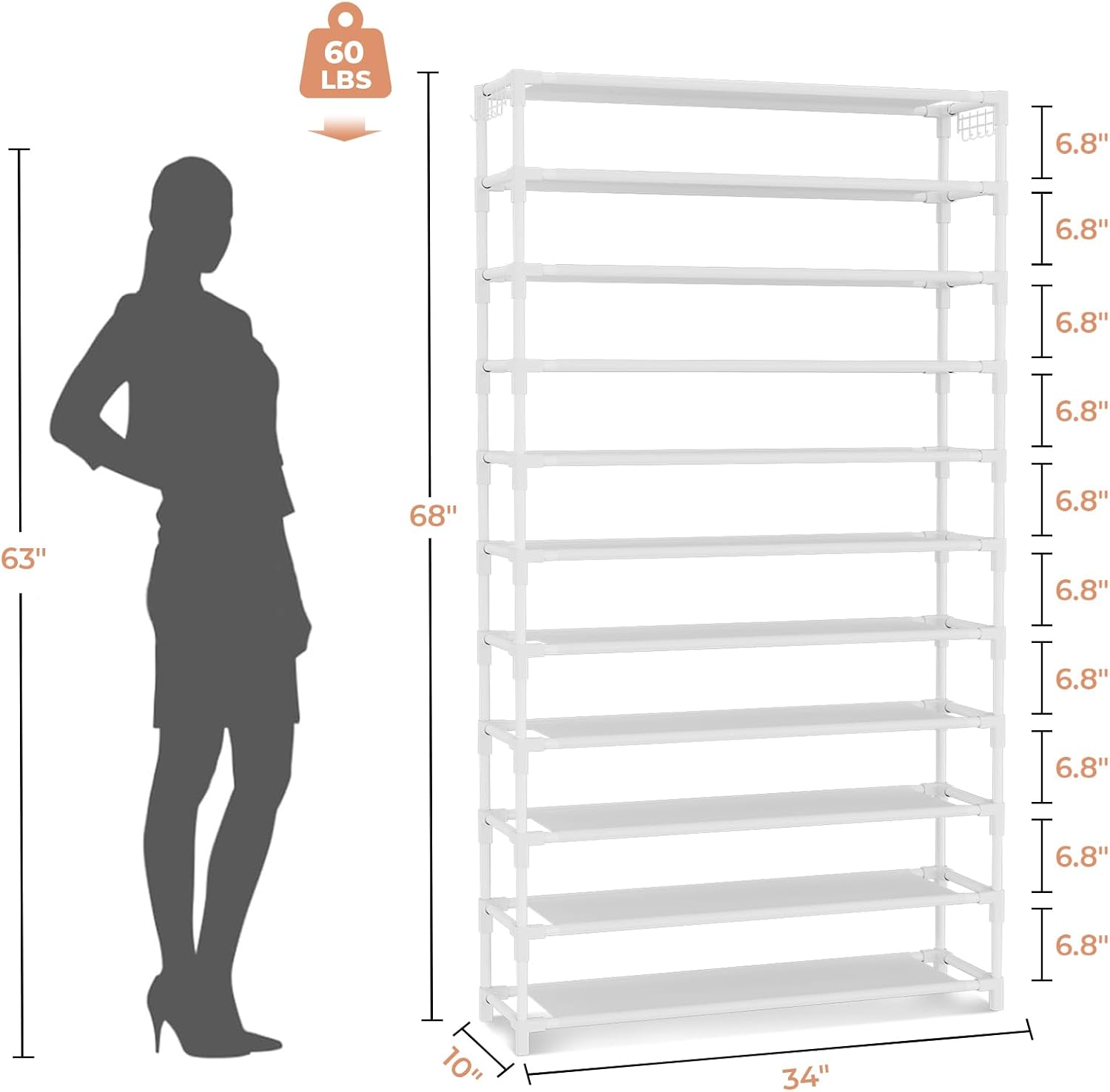 VILICK 11 Tiers Tall Wide Shoe Rack 55 Pairs Large Capacity Sturdy Durable Shoe Rack for Closet Metal Shoe Organizer Shelf with Two Hooks Space Saving for Entryway White